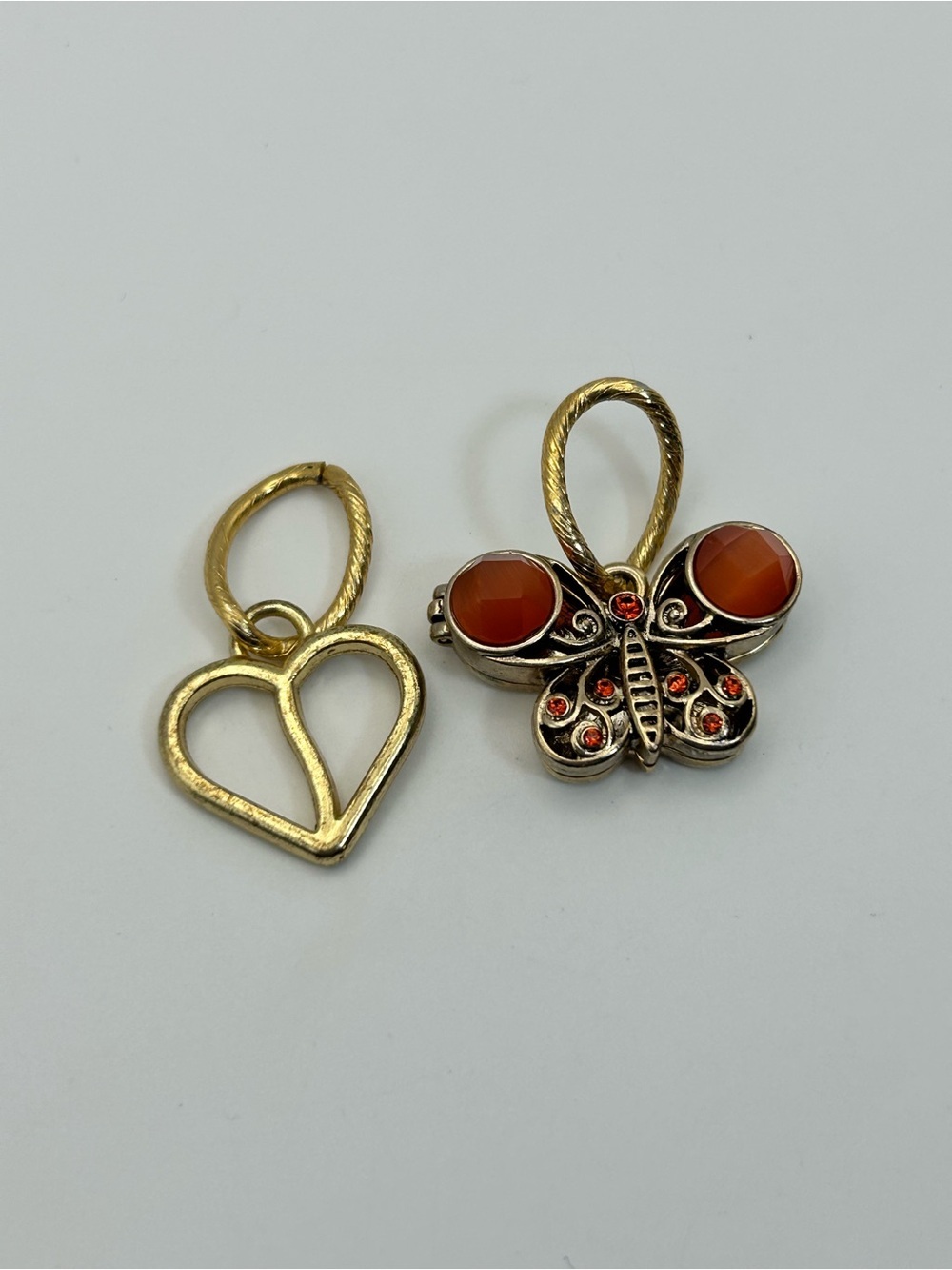 Gold-Tone Butterfly & Heart Pendants Orange Sparkle About 1.5" Drop